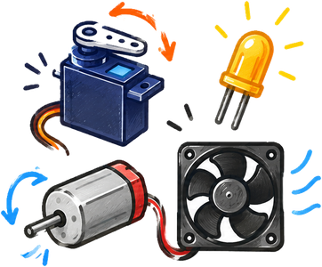 servo, LED, motor y ventilador