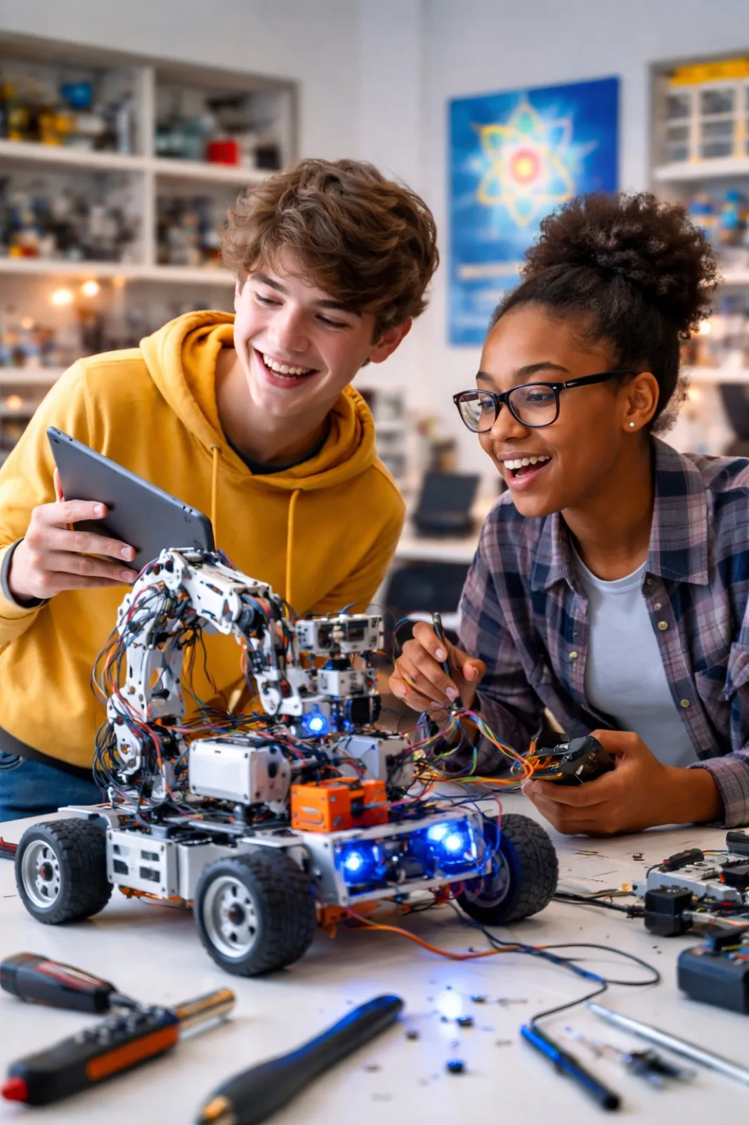 Alumnos haciendo robótica