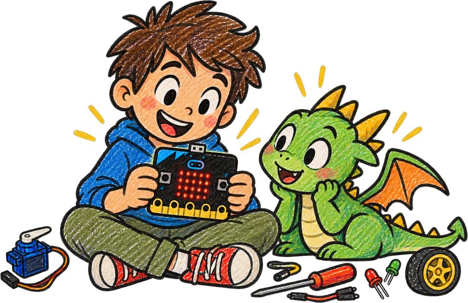 Un alumno o alumna con su micro:bit y su mascota dragón