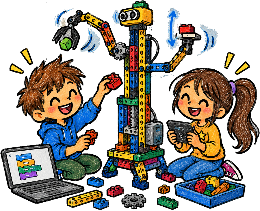 Dos niños construyendo y programando un robot con piezas LEGO