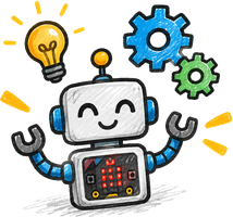 Un robot con una bombilla y engranajes